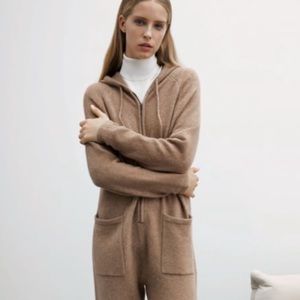 Zara Knit Camel Zip-Up Hooded Jumpsuit